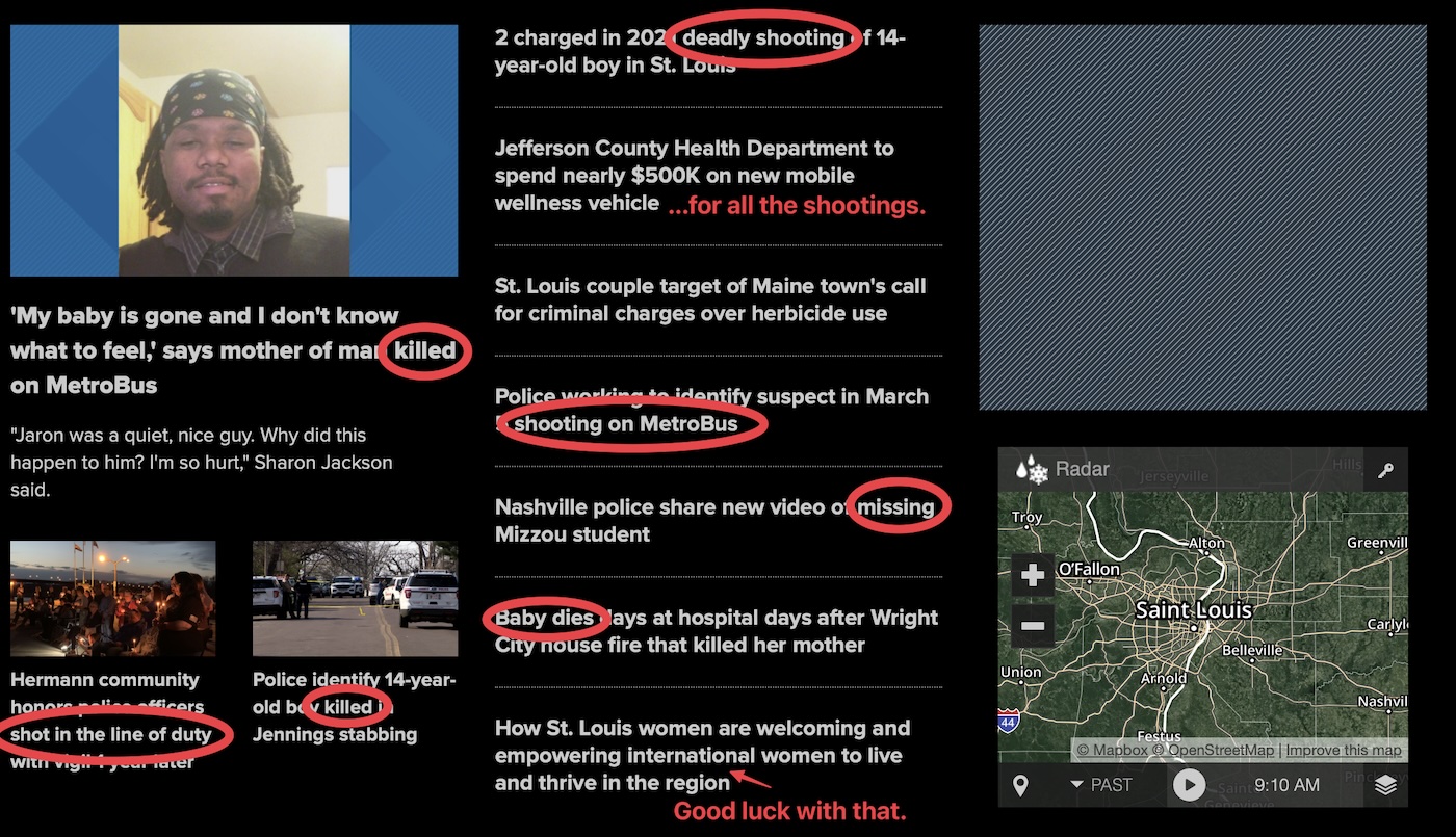A screenshot of ksdk where nearly every story is about death.